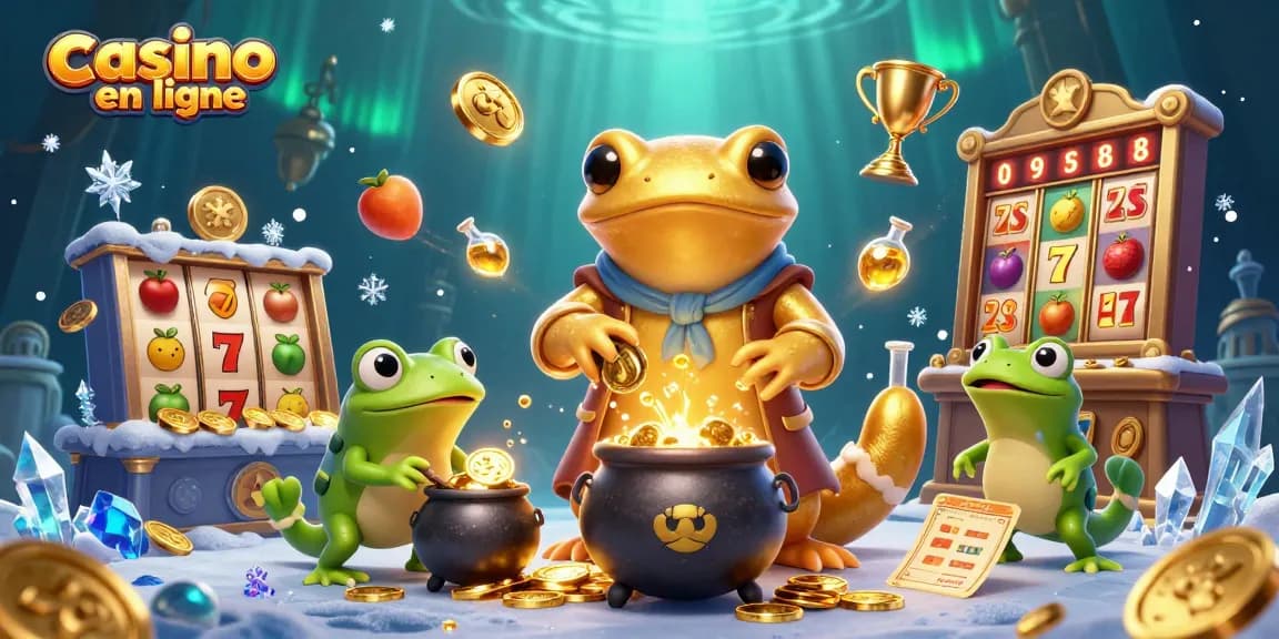 Jouer à des jeux de casino en ligne avec une illustration d'une alchimiste et d'un crapaud, transmutant des métaux en or.