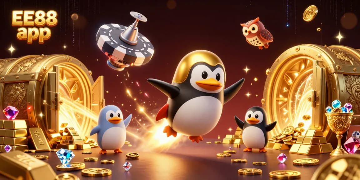 Experience the EE88 app with vibrant graphics of a golden penguin and casino elements.