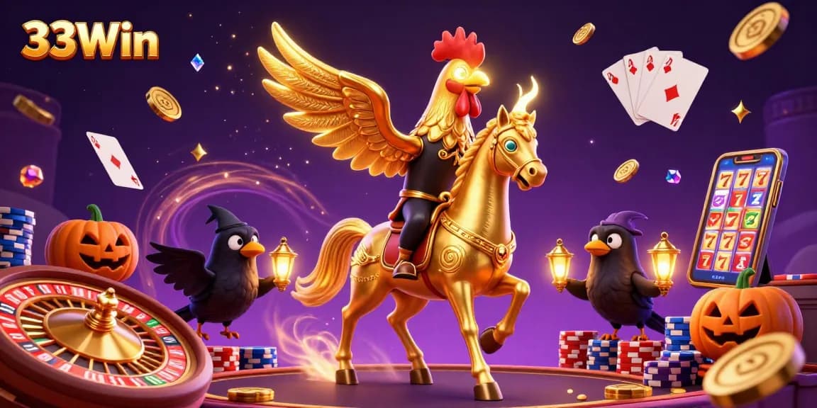 Experience thrilling gameplay with 33Win in a vibrant casino scene featuring golden rooster characters.