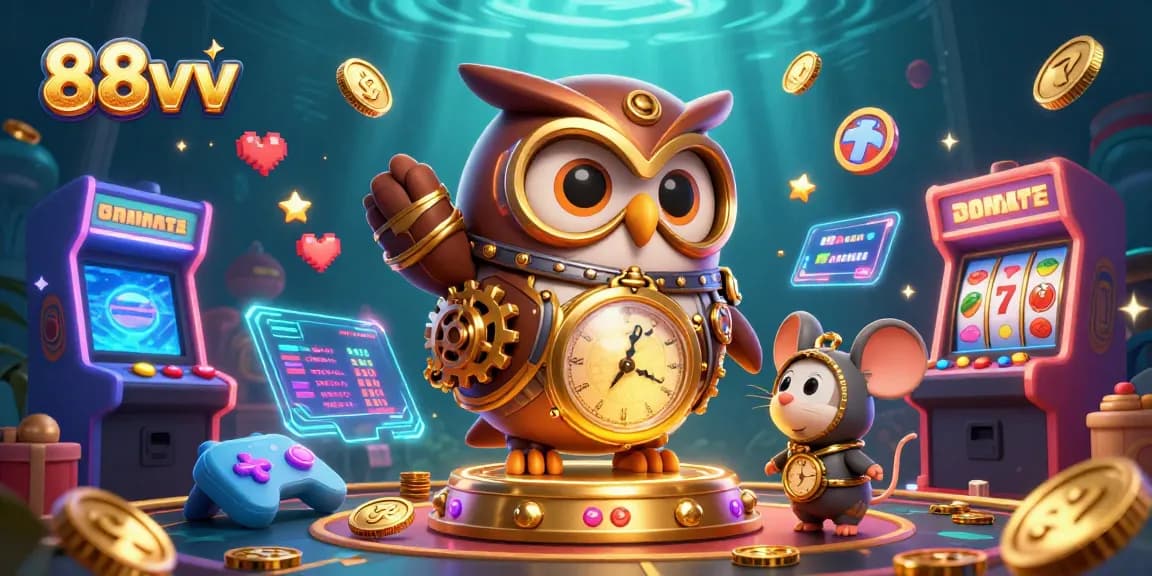 Experience the thrilling 88vv casino adventure with a whimsical steampunk owl and retro game elements.