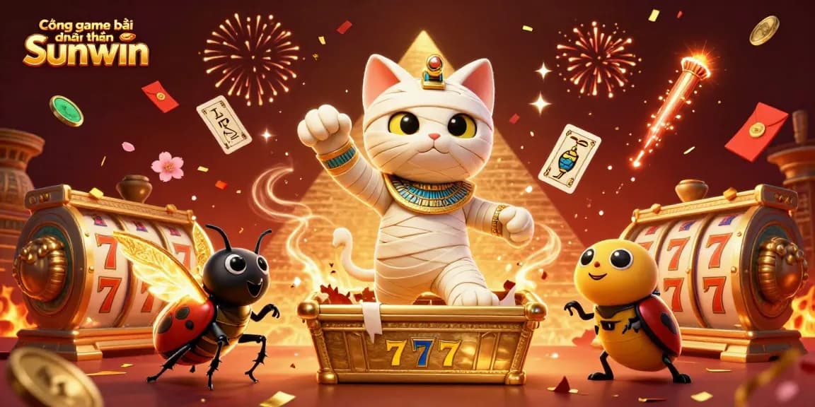 Cổng game bài đổi thưởng Sunwin showcases a vibrant Egyptian casino scene with a mummy cat, scarab beetle, and slot reels in action.