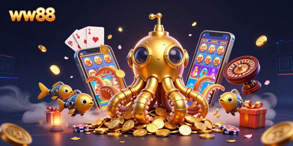 Experience the excitement of ww88 with immersive visuals of golden kraken and vibrant casino elements.