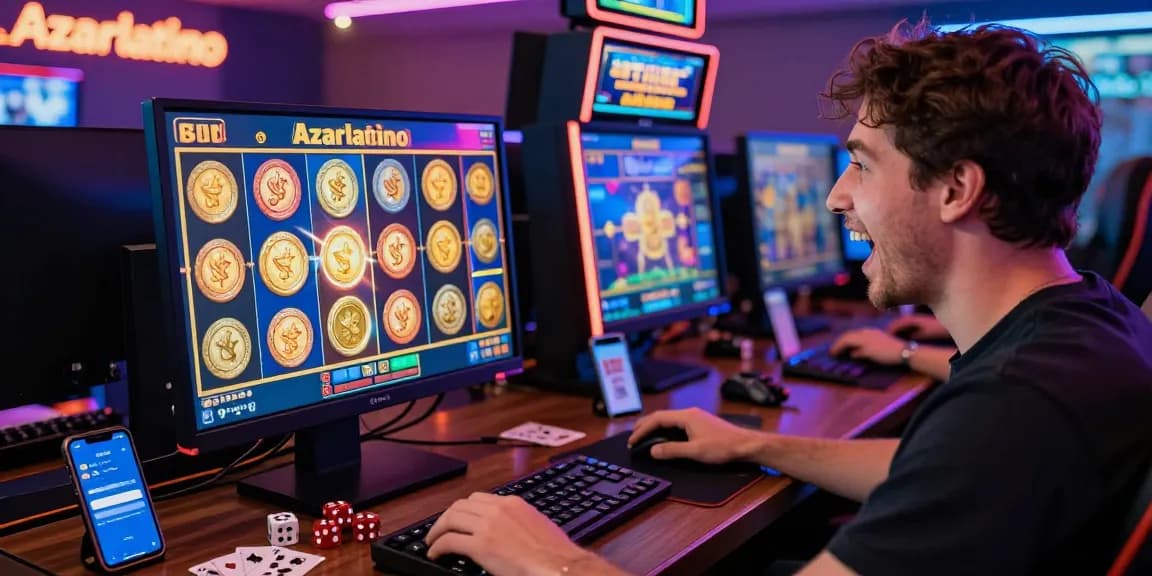 Excited player at Azarlatino en linea enjoying thrilling slot game with coins and vibrant graphics.