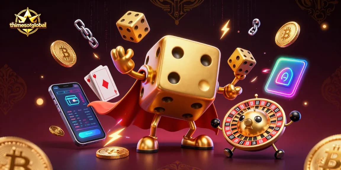 Thetimesofglobal showcases an exciting scene with a golden dice golem and dynamic crypto elements in a vibrant casino setting.