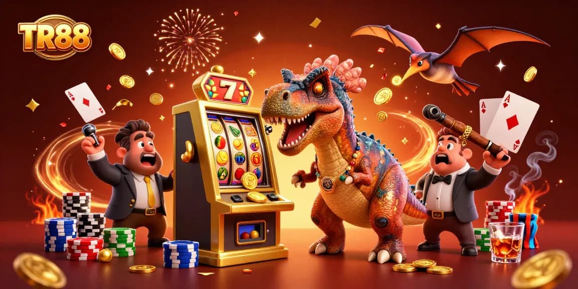 TR88 showcases a vibrant 3D scene with a pachycephalosaurus at a golden slot machine, paying out jackpot coins.