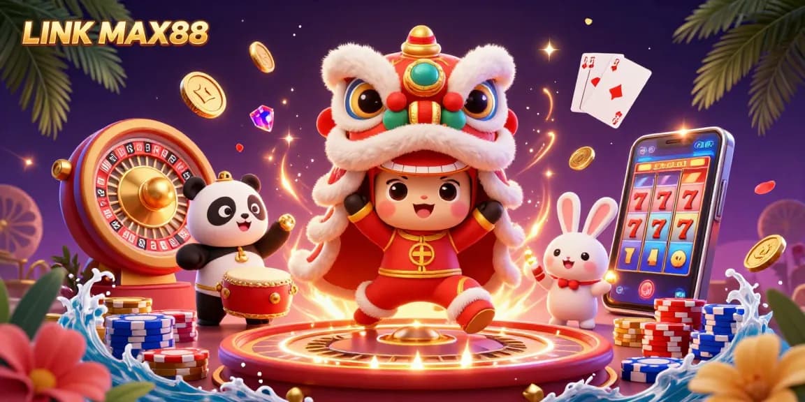 Engage with LINK MAX88 in a vibrant casino scene featuring lion dance characters and dynamic gaming elements.