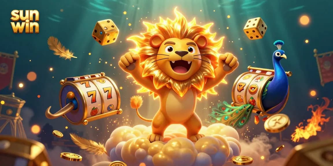 Experience thrilling sun win action with a roaring lion and golden dice in this vibrant casino scene.