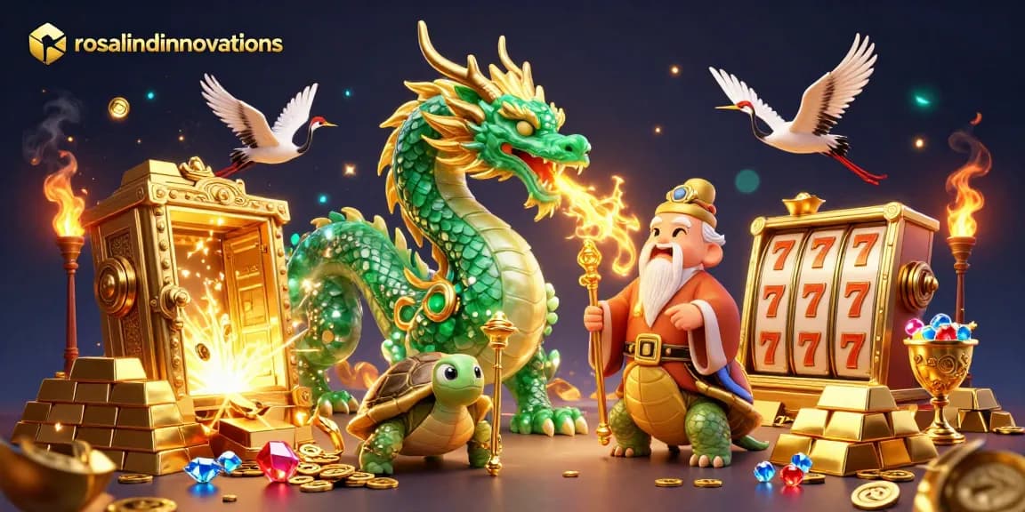 rosalindinnovations showcases a vibrant casino scene with a jade dragon and treasure elements.