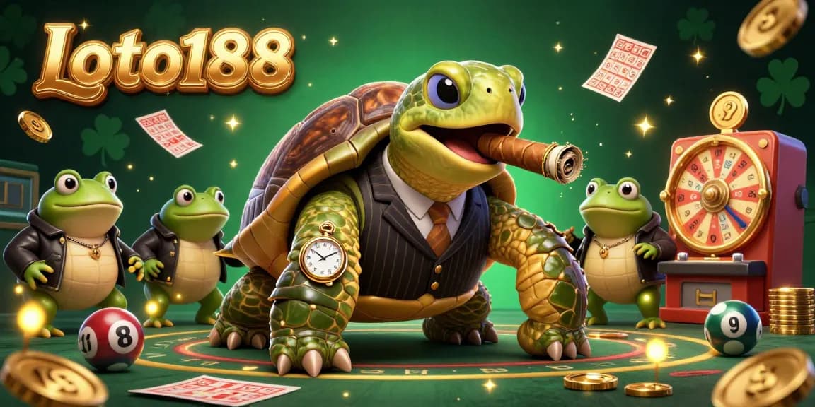 Loto188 showcases a lively lottery scene with a turtle in a suit, lottery elements, and dazzling effects.