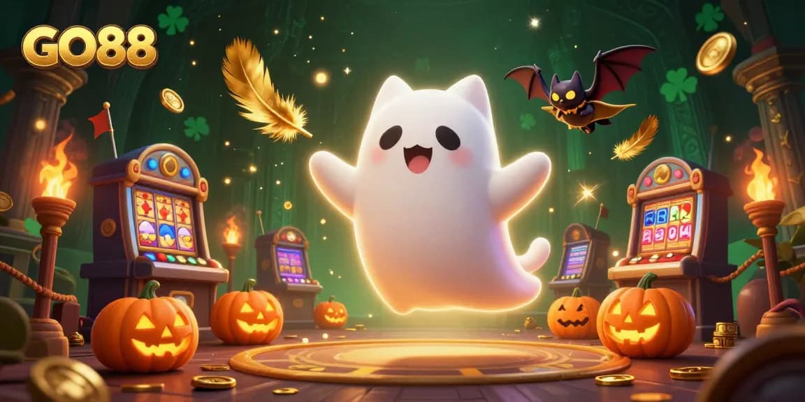 Experience GO88's thrilling atmosphere with a ghost cat and bat in a haunted casino.