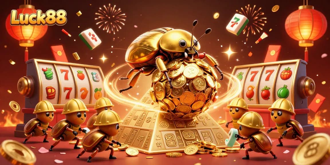 Experience the thrill of Luck88 with vibrant slot elements and celebrating beetles amidst golden coins.