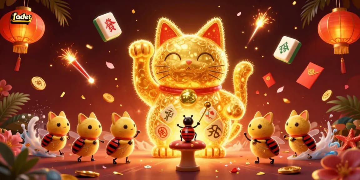Win big with fabet in a dynamic 3D casino scene featuring a lucky cat and vibrant symbols.