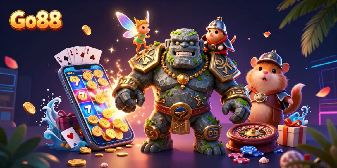 Experience Go88's thrilling gaming world with a vibrant scene of animated characters and casino elements.