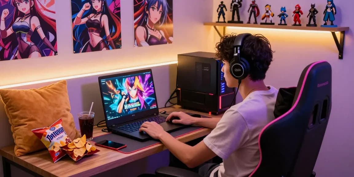 Engaged adult gamer enjoying hentai games online in a cozy gaming space filled with anime decor.