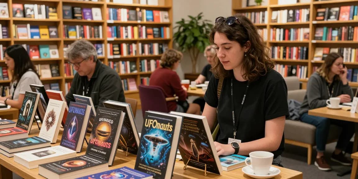 Exploring T Allen Greenfield's award-winning book "UFOnauts" at a vibrant book fair, engaging with spiritual themes on https://tallengreenfield.com.