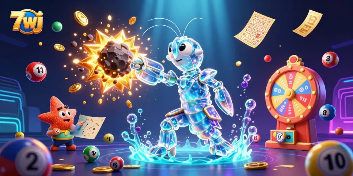 7wj lottery scene with galactic samurai mantis shrimp and colorful elements exploding.