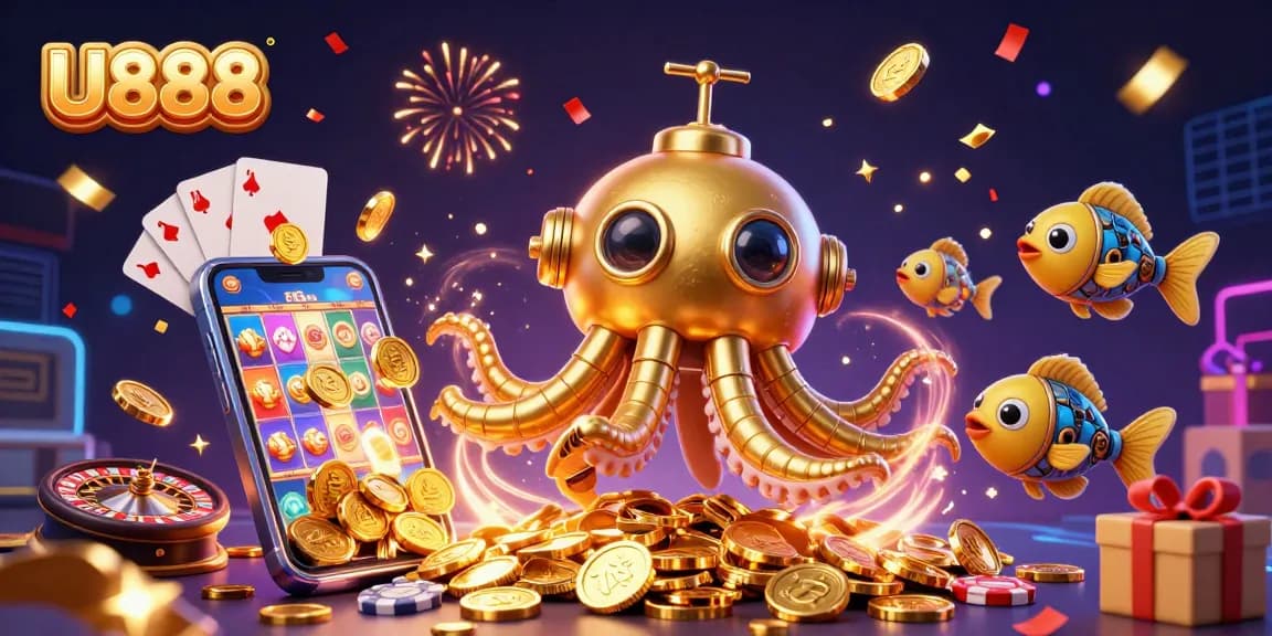 Engage with U888's vibrant casino scene bursting with colorful games and golden coins.