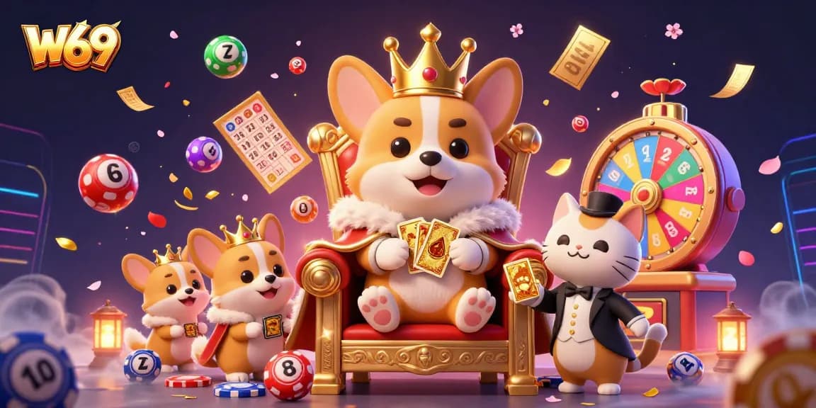 Experience W69's vibrant casino scene with royal corgi and dynamic gaming elements in an engaging digital illustration.