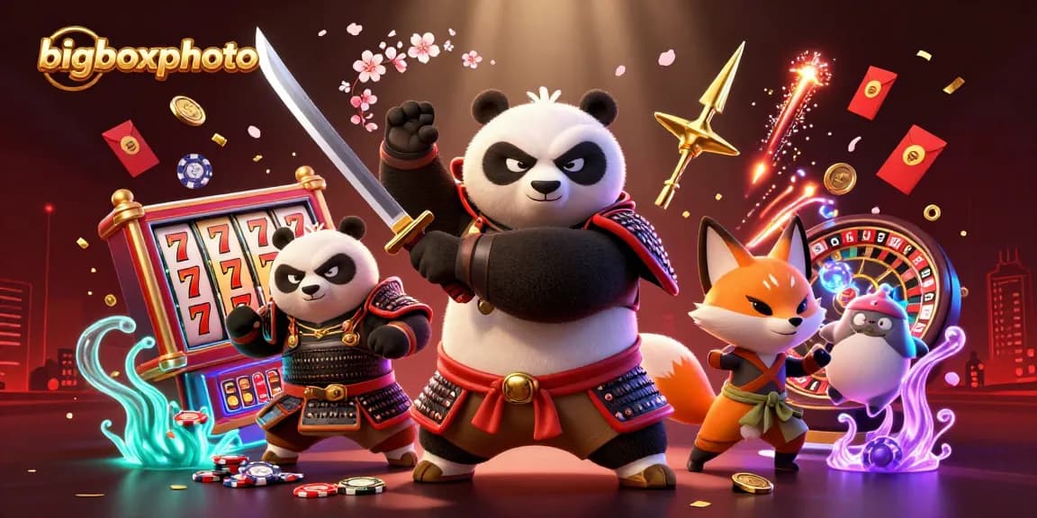 Engage in thrilling slots with bigboxphoto, revealing a vibrant, dynamic scene of 3D characters and casino elements.