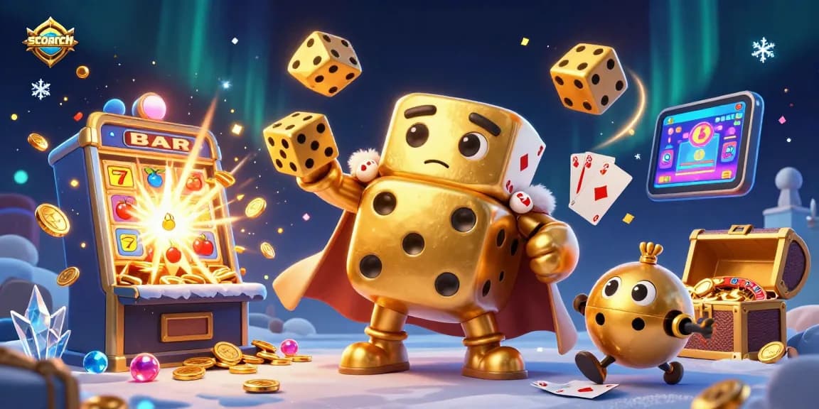 Engage at scoarch with dynamic casino action illustrated by golden dice and vibrant game elements.