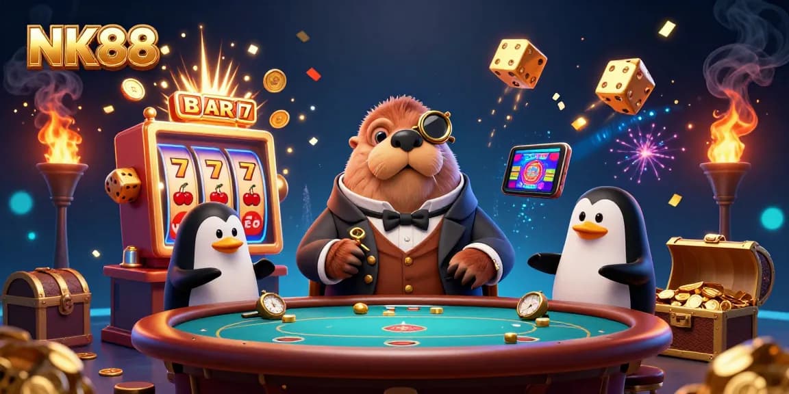 Experience exhilarating moments with NK88 at a vibrant underwater poker scene featuring a jolly walrus and dynamic casino elements.