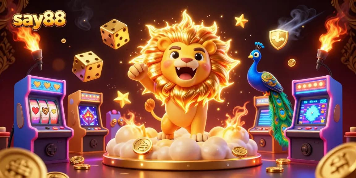 Win big at say88 with vibrant casino-themed illustration featuring slot machines and golden elements.