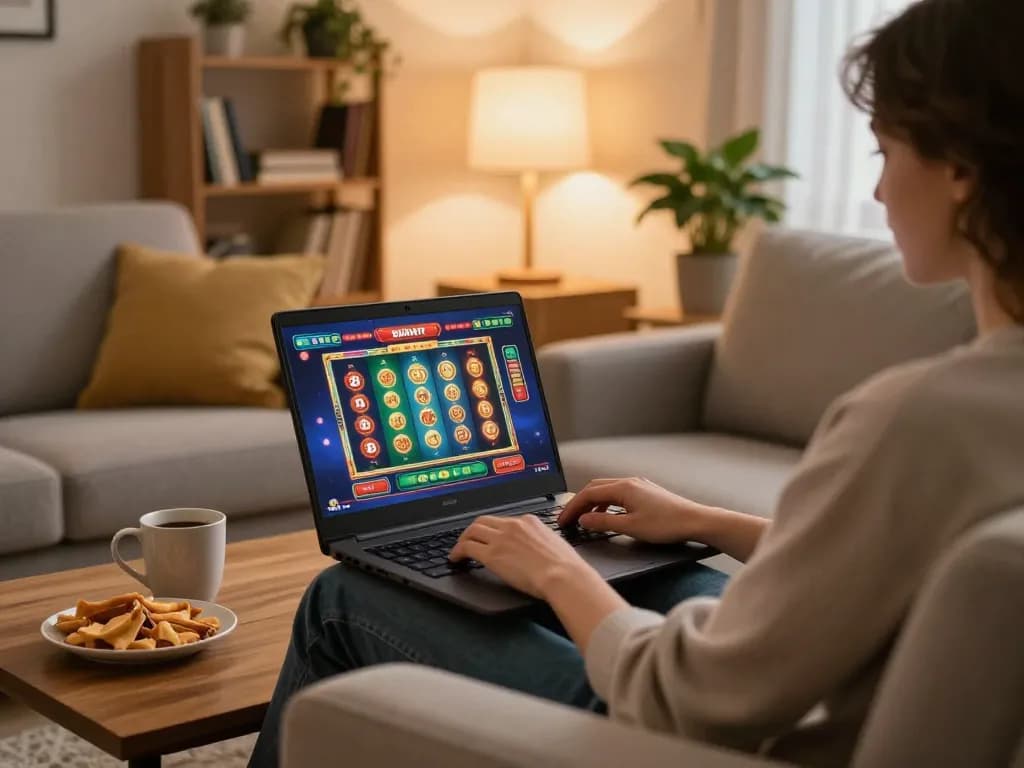 Person enjoying 8Day online casino games on laptop in cozy home setting with snacks.