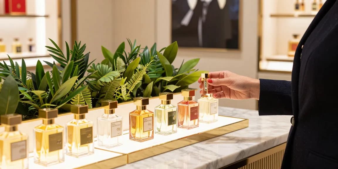 Discover unique Maison Francis Kurkdjian (MFK) fragrances in an elegant retail setting with luxurious elements.