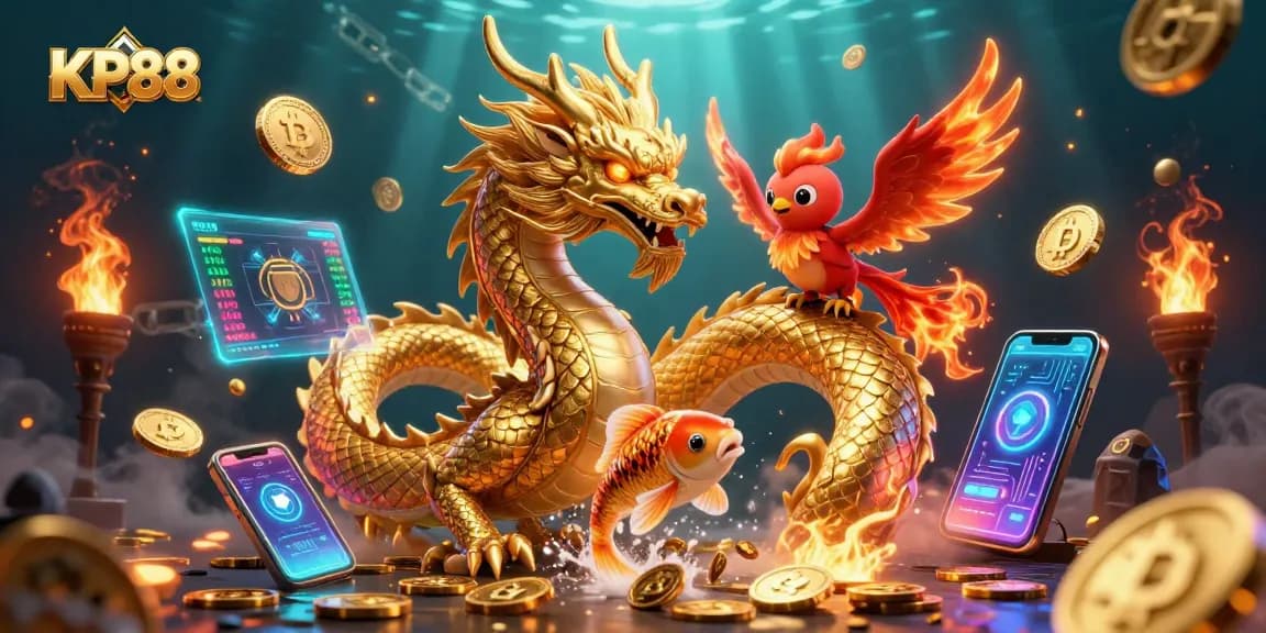 Engage with KP88's vibrant 3D casino illustration featuring a golden dragon and crypto elements.