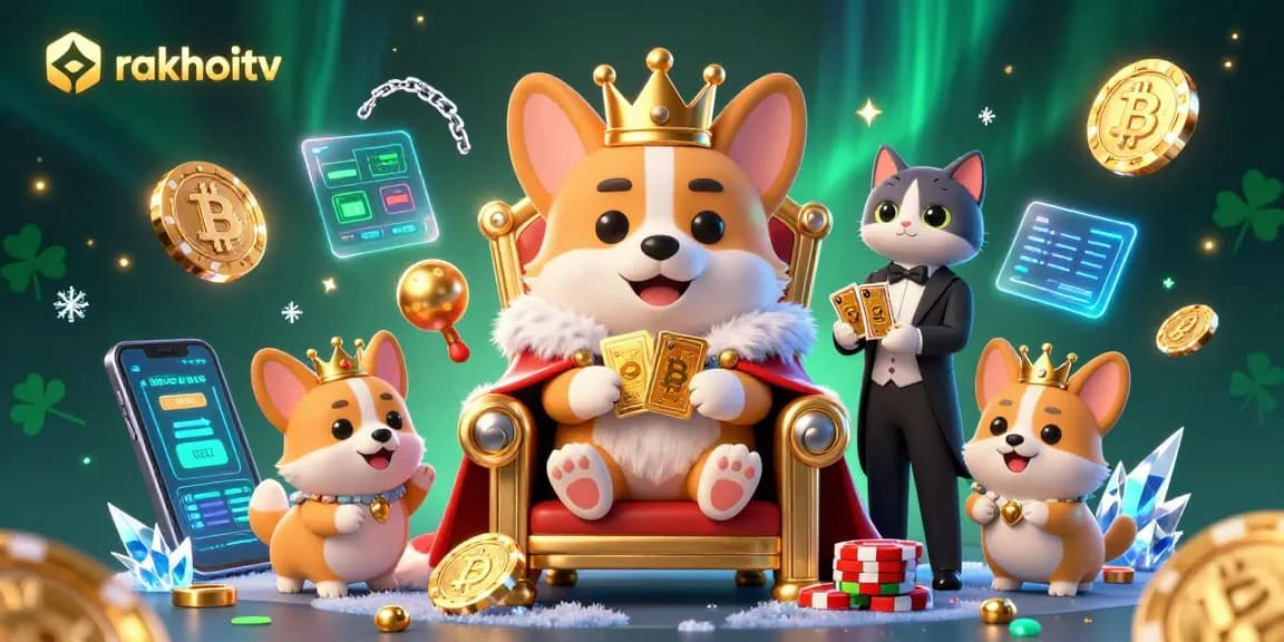 Experience rakhoitv's vibrant atmosphere with royal corgi and crypto elements in a dynamic casino scene.