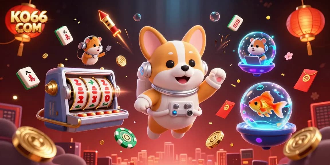 Experience exciting gaming at KO66 COM with this vibrant casino illustration showcasing slots and fun characters.