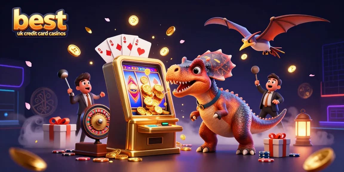 Catch golden coins at the best UK credit card casinos with prehistoric characters in an exciting casino scene.