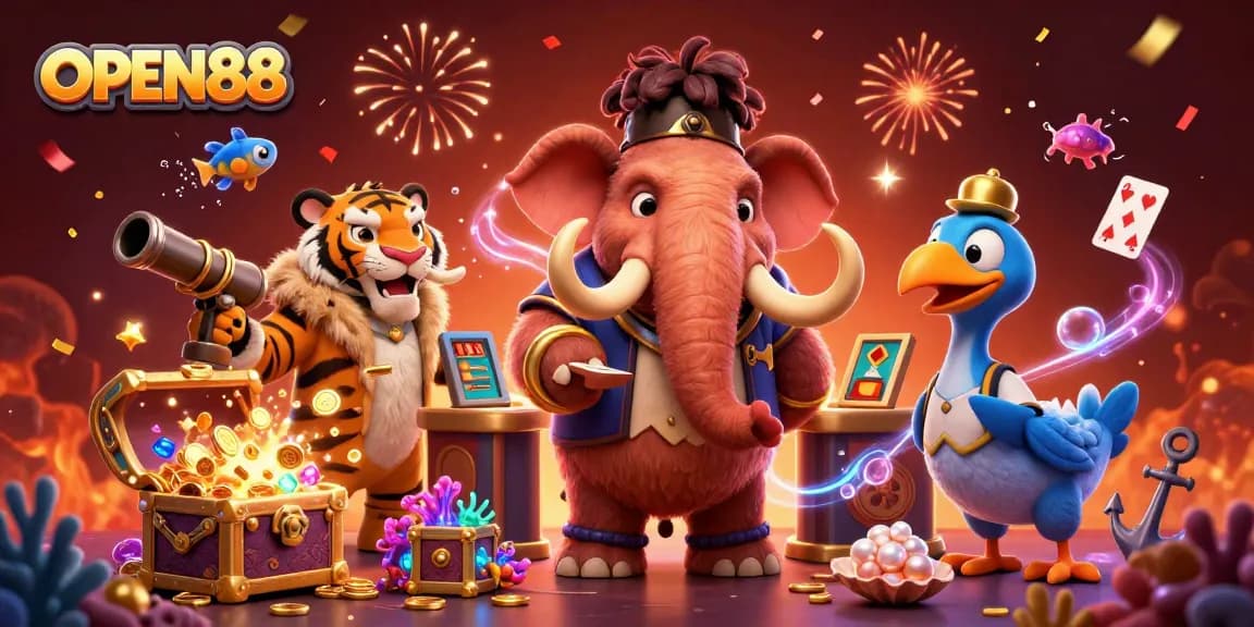 Join the excitement at OPEN88 with a 3D cartoon casino scene showcasing colorful characters and vibrant gaming elements.