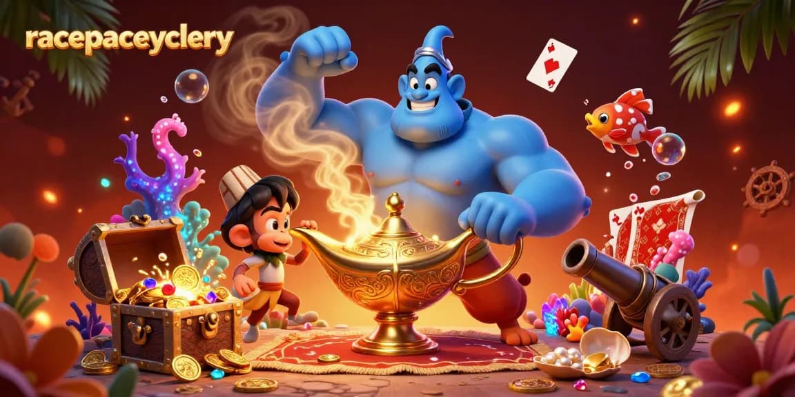 Experience the magic of racepacecyclery with a genie and treasures in this engaging casino scene.