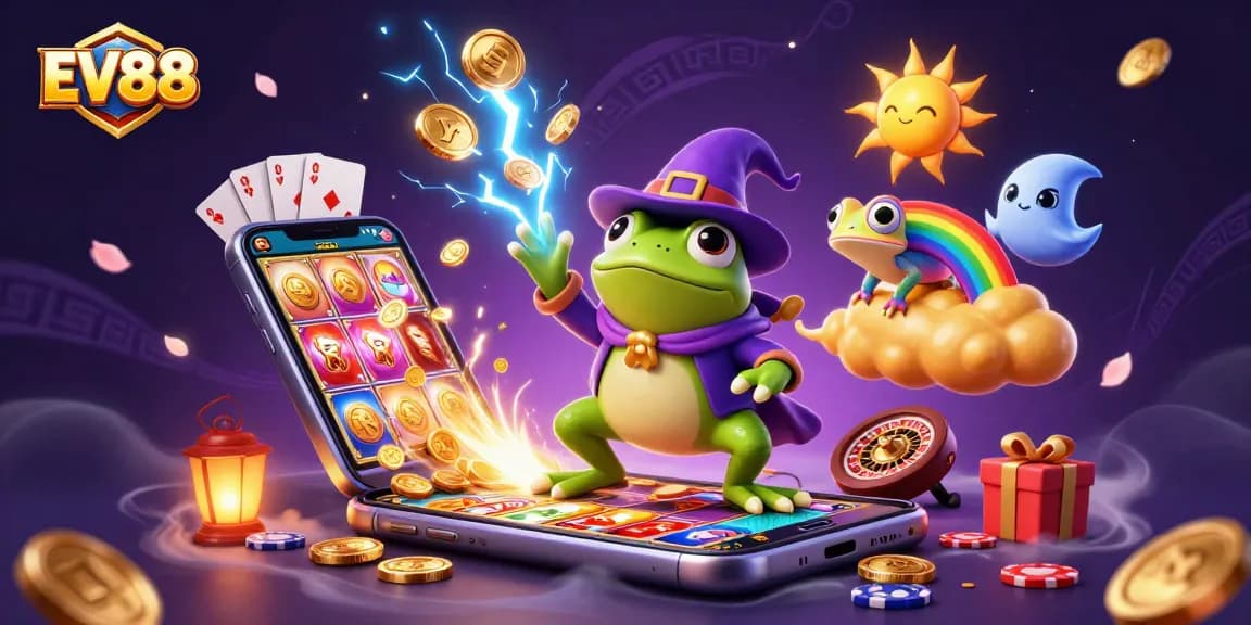 Experience the excitement of EV88 as the weather wizard frog conjures golden coins amidst a vibrant casino scene.