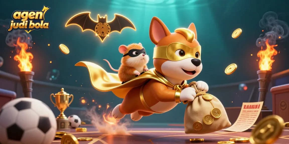 Experience thrilling agen judi bola action with a superhero dog and vibrant betting elements.