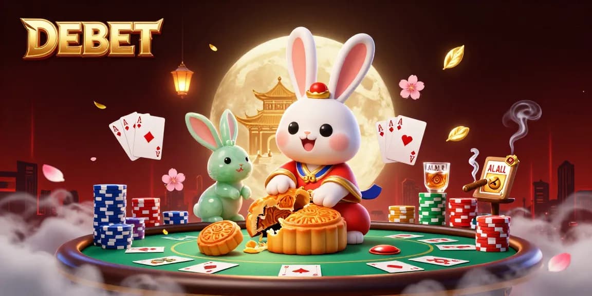 Play to win with DEBET in this vibrant 3D illustration of a casino scene featuring poker chips.