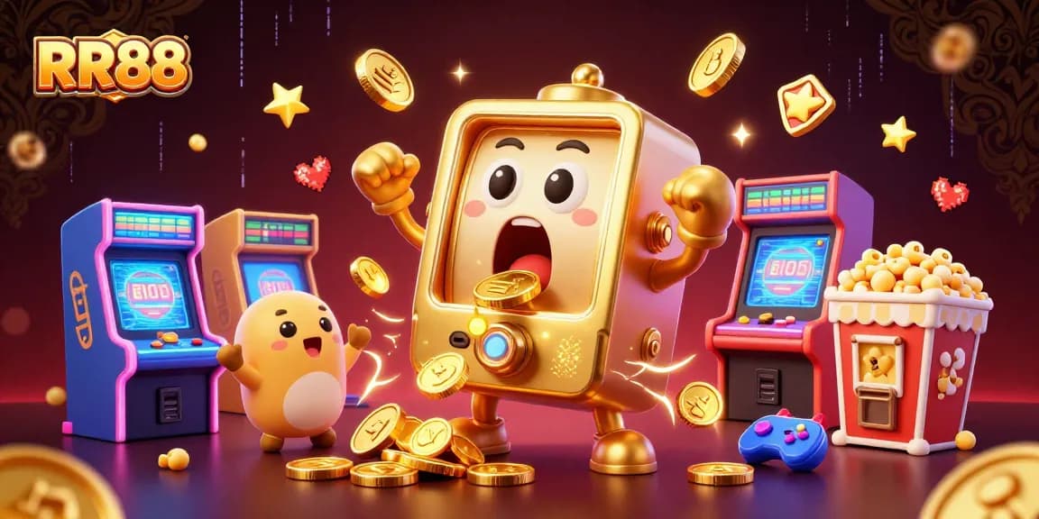 RR88 slot machine celebrating a jackpot victory amidst a vibrant casino atmosphere.