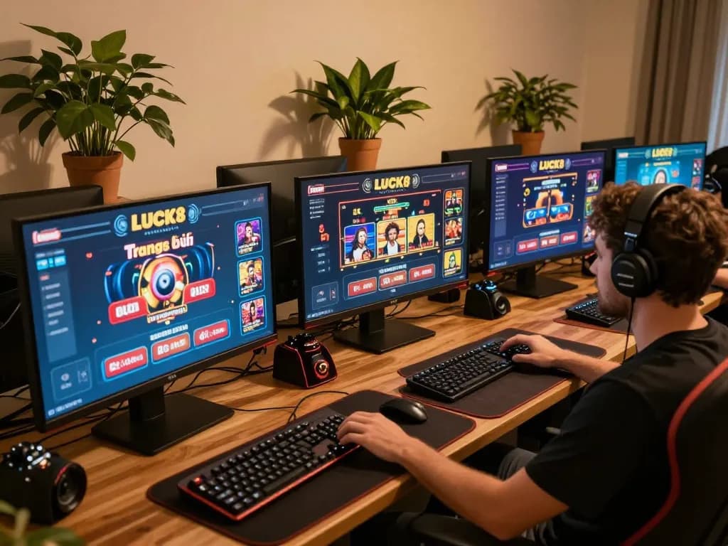 Person engaged in online gameplay at LUCK8 com trang chủ casino setup, showcasing a dynamic gaming atmosphere.