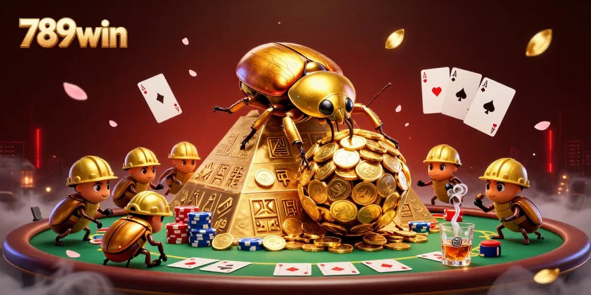 Engage with 789win as a golden beetle rolls coins, showcasing vibrant poker elements
