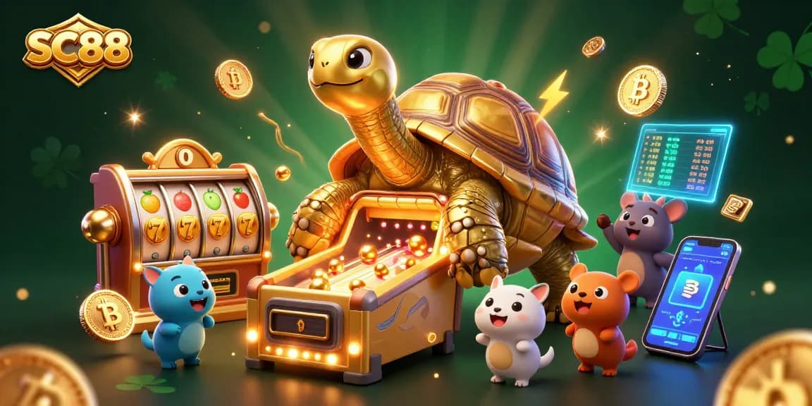 Engage with SC88's vibrant online slots, featuring a golden tortoise and animated fruits.
