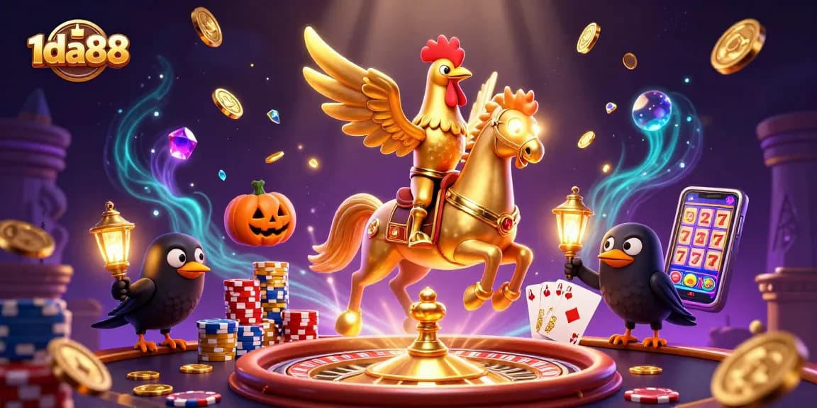 Experience the thrilling casino action with 1da88’s golden rooster and glowing gems!