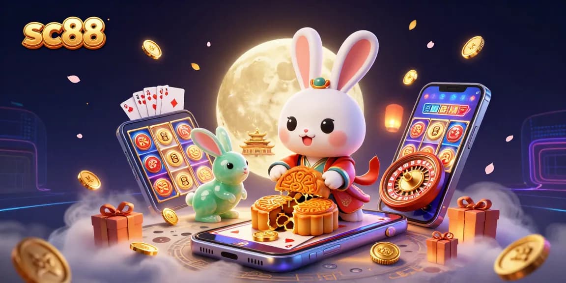 Engage with sc88's exciting games as the moon rabbit reveals poker chips, illuminated by lantern lights.