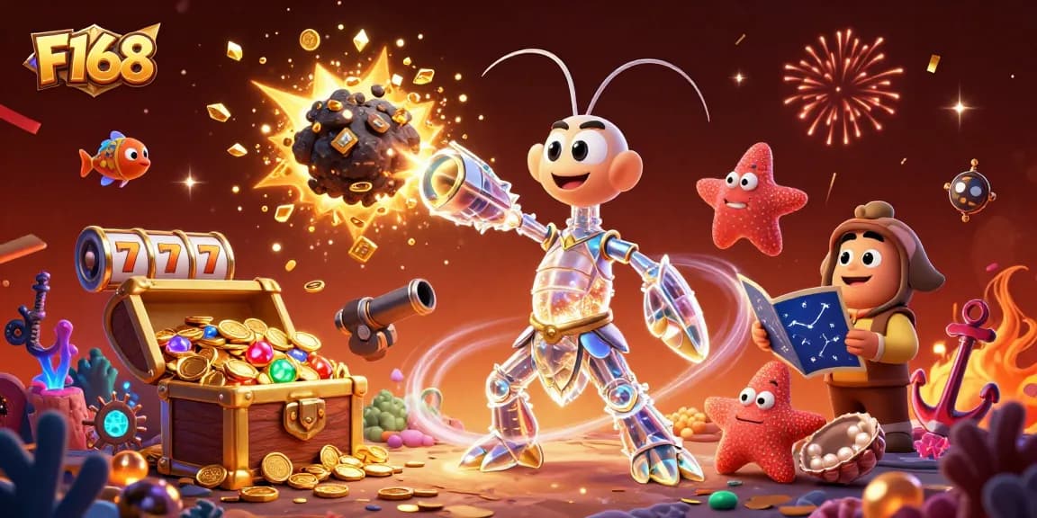Join the excitement at F168 as a galactic samurai bursts through an asteroid of gems in this vibrant casino scene.