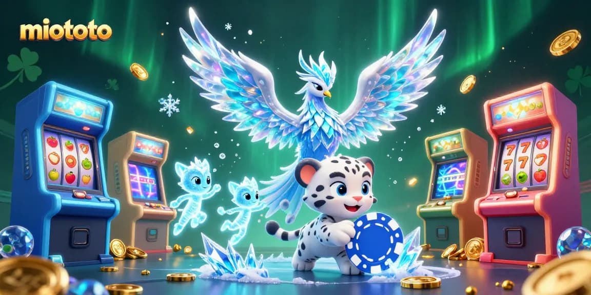 Spin the reels at miototo with an enchanting scene of an ice phoenix and playful sprites.