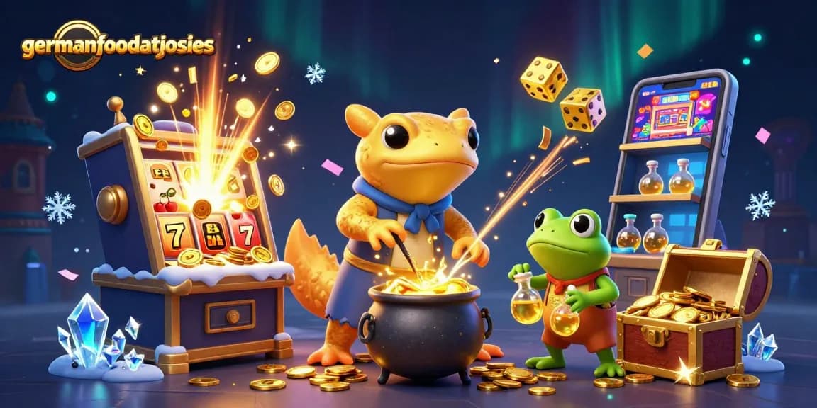 Experience the thrill at germanfoodatjosies as golden coins erupt from a vibrant slot machine.