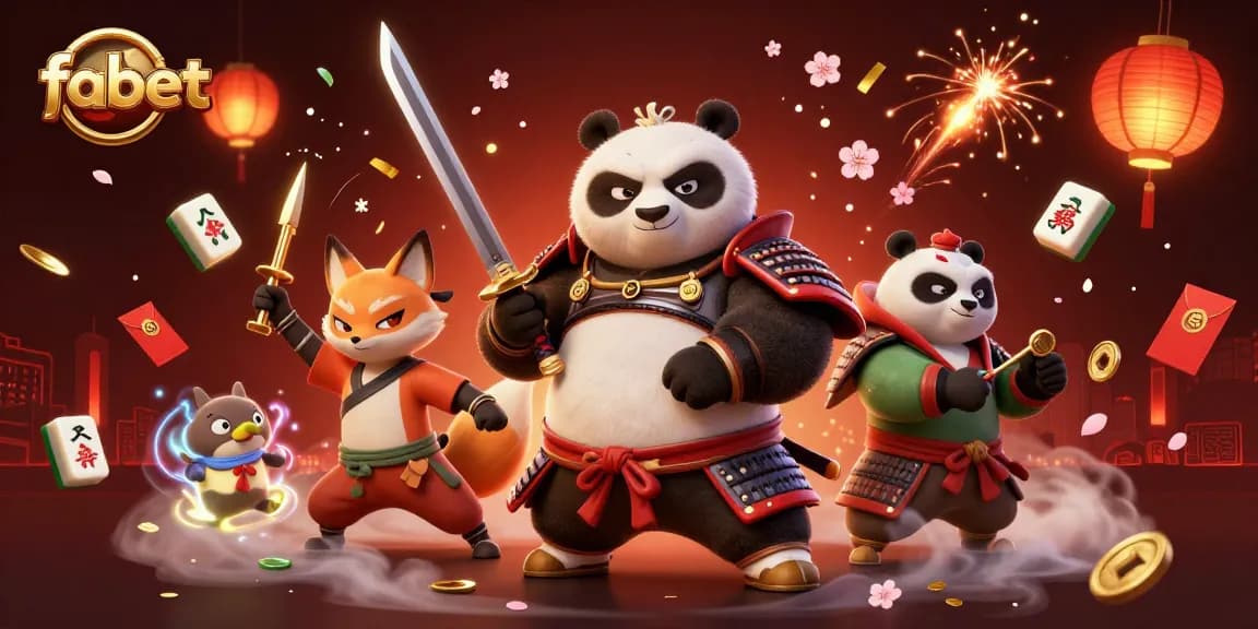 Win big with fabet in a vibrant 3D cartoon scene featuring a samurai panda and ninja fox.