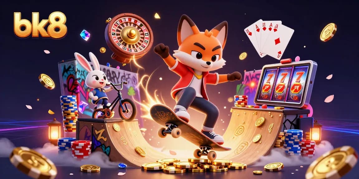 Experience excitement with bk8 as a fox skater flies over golden poker chips while cascading coins and vibrant gems enhance the casino scene.