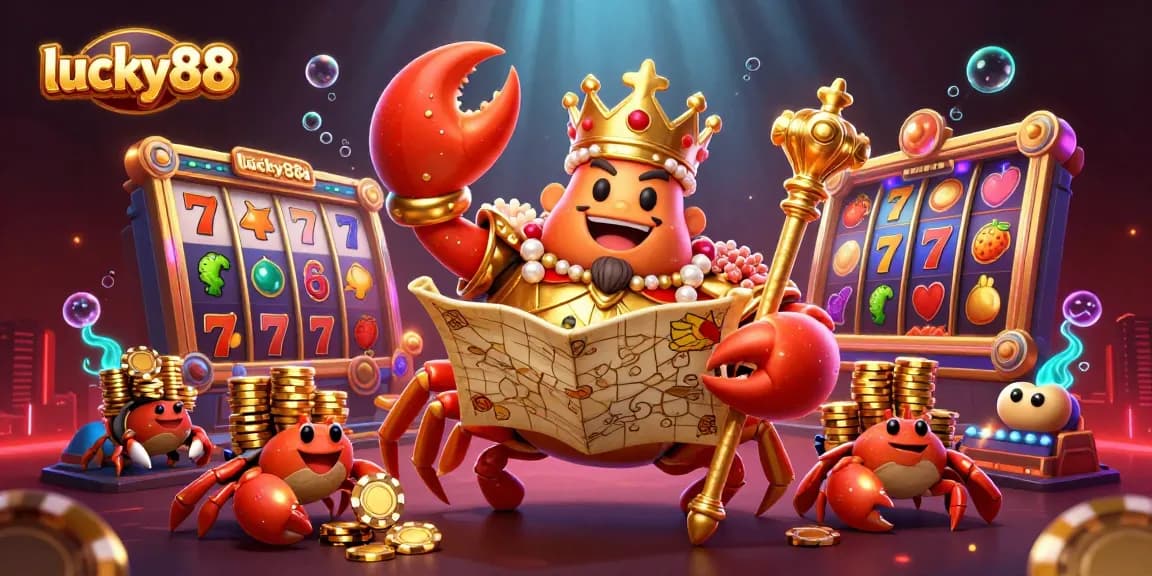 Spin the reels with lucky88 in this vibrant casino scene featuring a golden crab emperor and hermit crabs.