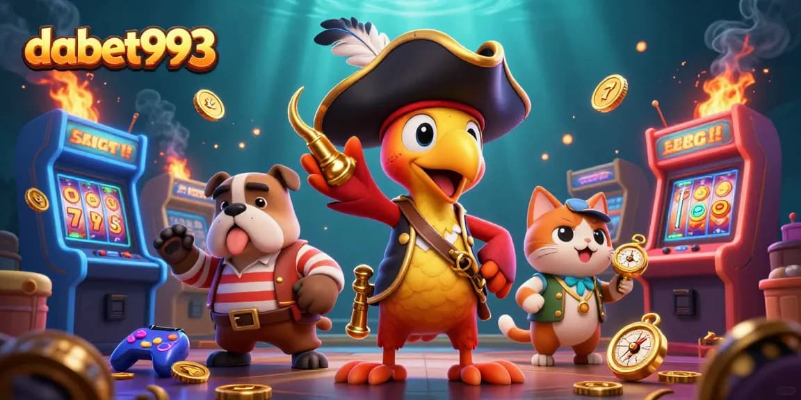DABET993 showcases an exciting pirate-themed casino gaming scene with vibrant elements like slot machines.